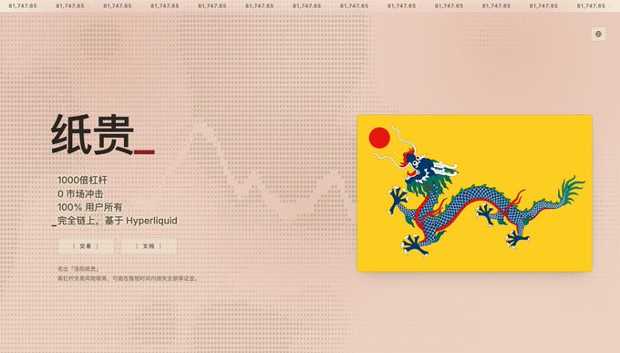 The image displays a promotional webpage for "纸贵" (Zhi Gui), showing Chinese text including "1000倍杠杆" (1000x leverage), "0市场冲击" (zero market impact), and "100% 用户所有" (100% user-owned) on "Hyperliquid," accompanied by a traditional Chinese dragon illustration on a yellow background. The caption aligns with the post announcing Mandarin localization availability for papertrade.xyz/zh/.