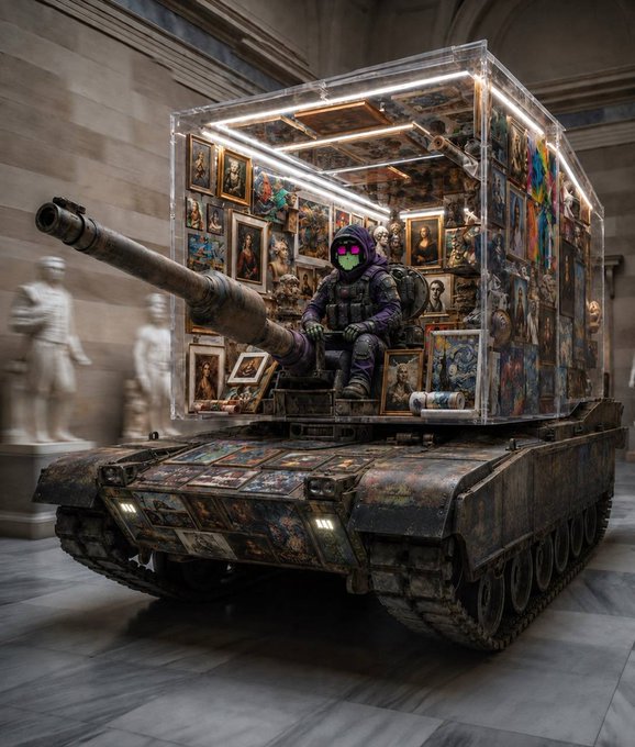 A heavily weathered tank covered in collage-style artwork rolls through a marble museum hall lined with classical statues, its enclosed glass cube turret filled with framed paintings and a seated figure wearing a neon pink and green gas mask. The piece ties directly to the "#ArtTank" NFT campaign in partnership with Rollbit, showcasing this week's featured artist @Khadee_ize.
