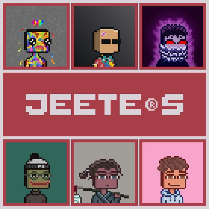 A promotional graphic for 'JEETEOS' NFT collection featuring pixel-art character avatars including a TV-headed figure, a person with sunglasses, a purple-hooded figure, a green character with glasses, a fighter with a sword, and a brown-haired character arranged around a central red banner.