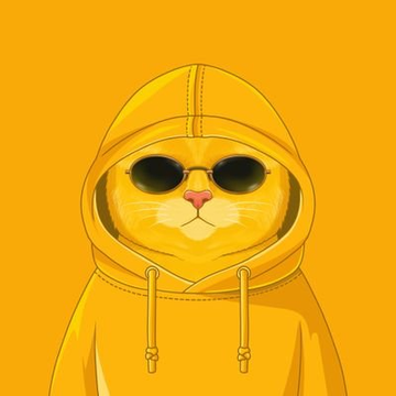 An illustration of a cat wearing a yellow hoodie and black sunglasses against an orange background.