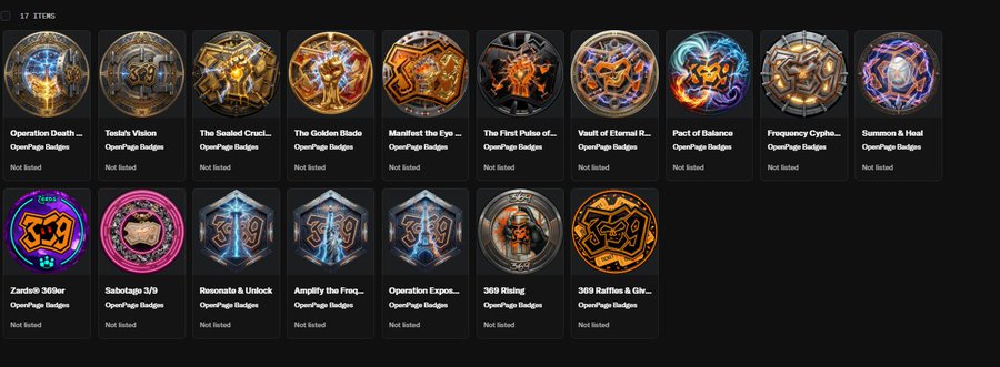A grid of 17 NFT badge items from OpenPage Badges, including items like 'Operation Death', 'Toad's Vision', 'The Sealed Crucible', 'The Golden Blade', and 'Manifest the Eye', all marked as 'Not listed'.