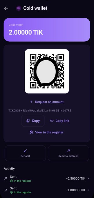 Screenshot of a cryptocurrency cold wallet interface displaying a balance of 2.00000 TIK along with a QR code and wallet address.