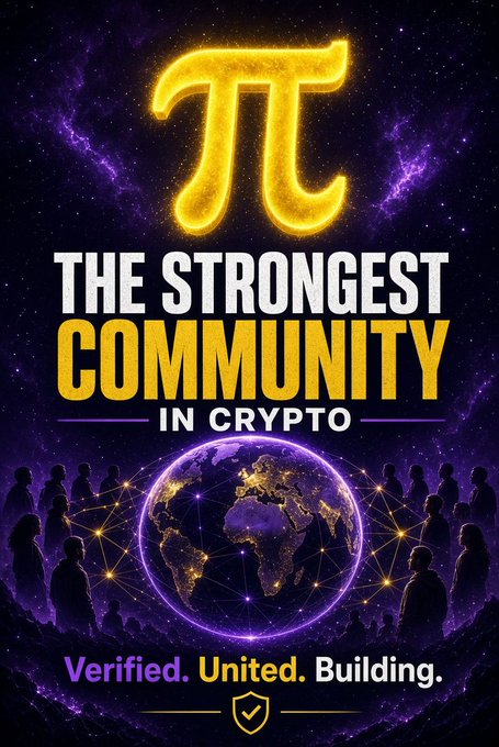 A promotional graphic featuring the Pi Network symbol, declaring 'THE STRONGEST COMMUNITY IN CRYPTO' and 'Verified. United. Building.' against a starry purple and orange cosmic background.