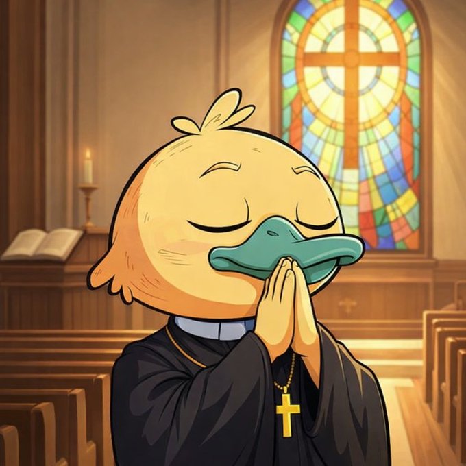 The image features a cartoon duck wearing a religious collar, holding its head with both hands while praying inside a church. The duck appears to be in a state of deep prayer or meditation. The scene takes place within an ornate church setting, which includes a stained glass window and pews arranged for the congregation.