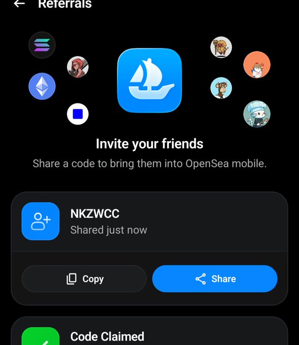OpenSea mobile referral screen showing an invite code "NKZWCC" with Copy and Share buttons, prompting users to invite friends.