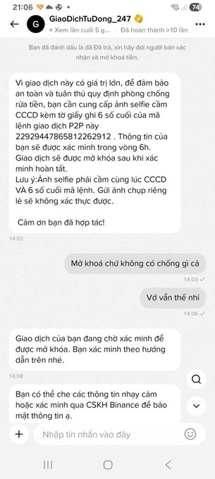 A Vietnamese-language Telegram chat screenshot from user 'GiaoDichTuDong_247' discussing a cryptocurrency trading process involving selfies and ID verification, warning of potential scams.