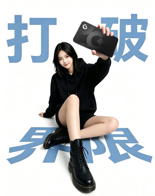 A promotional image shows a woman sitting on a white background wearing a black hoodie and boots, holding a phone with the letter 'G' logo, surrounded by large blue Chinese characters reading '打破界限' (Break the boundaries).