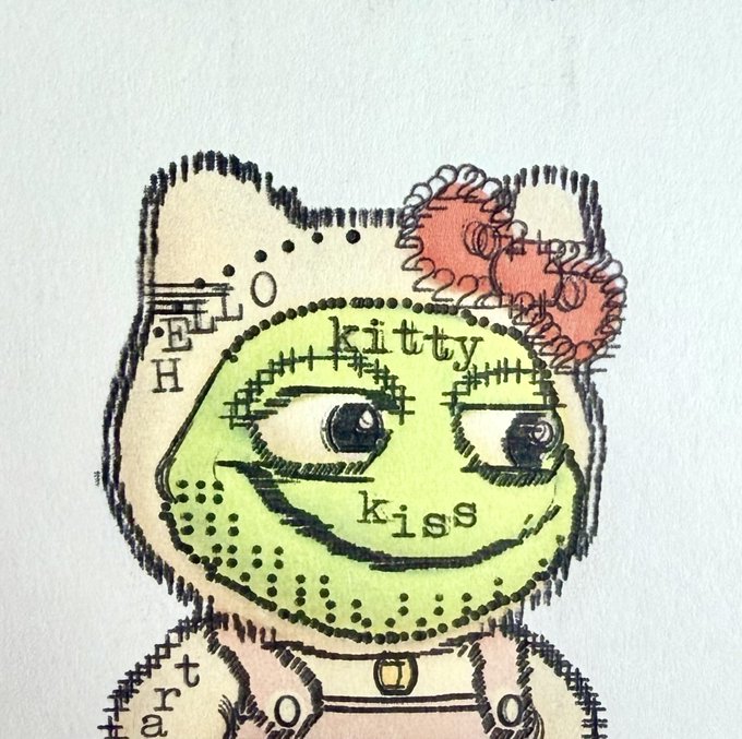Mixed-media illustration of a Hello Kitty-style face colored green with scribbled textures, containing the text 'kitty' and 'kiss'.