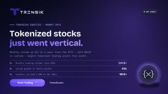 A dark-themed promotional graphic for 'TRZNSIK' with the headline 'Tokenized stocks just went vertical.' advertising trading benefits.