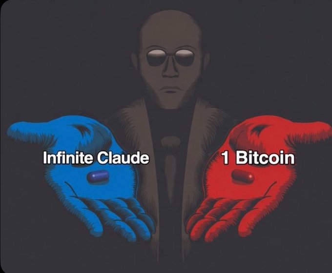A Morpheus-style figure presents a blue pill labeled "Infinite Claude" and a red pill labeled "1 Bitcoin" in his outstretched hands, echoing the famous Matrix choice. The image visualizes the post's hypothetical 2009 time-travel dilemma of selecting between unlimited AI assistant access or a single Bitcoin, playing on the iconic "red pill, blue pill" decision moment.