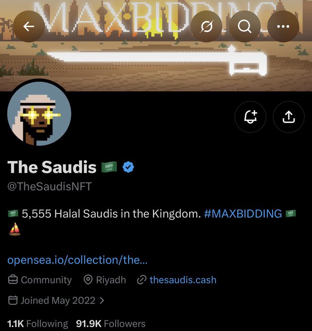 A Twitter profile page for 'The Saudis' (@TheSaudisNFT), an NFT collection themed around Saudi Arabia with pixel art art, showing '5,555 Halal Saudis in the Kingdom. #MAXBIDDING' and an OpenSea collection link.