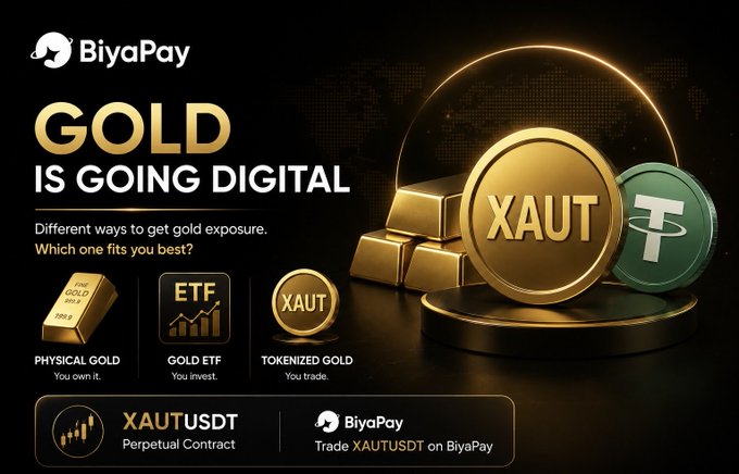 BiyaPay promotional graphic titled "GOLD IS GOING DIGITAL" showcasing three gold exposure options—Physical Gold ("You own it"), Gold ETF ("You invest"), and Tokenized Gold XAUT ("You trade")—with a callout to trade the XAUTUSDT perpetual contract on BiyaPay, visually complementing the post's point that XAUT differs from USDT reserves by being a dedicated tokenized gold asset rather than just part of a stablecoin's backing portfolio.