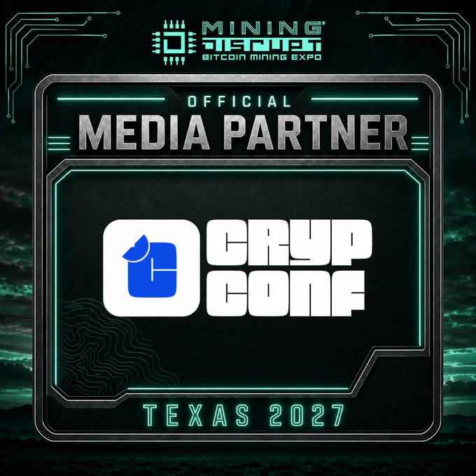 Promotional graphic for 'Mining Disrupt Bitcoin Mining Expo Texas 2027' highlighting 'Cryp Conf' as an official media partner.