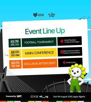 A promotional graphic for the Unchain Summer event features an event lineup schedule listing a Football Tournament on August 2nd, a Main Conference on August 5th, and an Exclusive After Event on August 6th, held at various venues including Hard Play Boys & Playfields Lagos, Sabemak Convention Center Victoria Island, and Undisclosed location. The event, happening August 2nd-6th, 2025 in Lagos, Nigeria, ties into the post's "See you at Unchain Summer today" message, confirming attendance at the multi-day gathering.