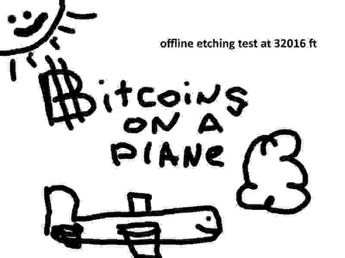 A hand-drawn crude illustration titled 'offline etching test at 32016 ft' depicting the words 'Bitcoins on a plane' alongside a sun, clouds, and an airplane.