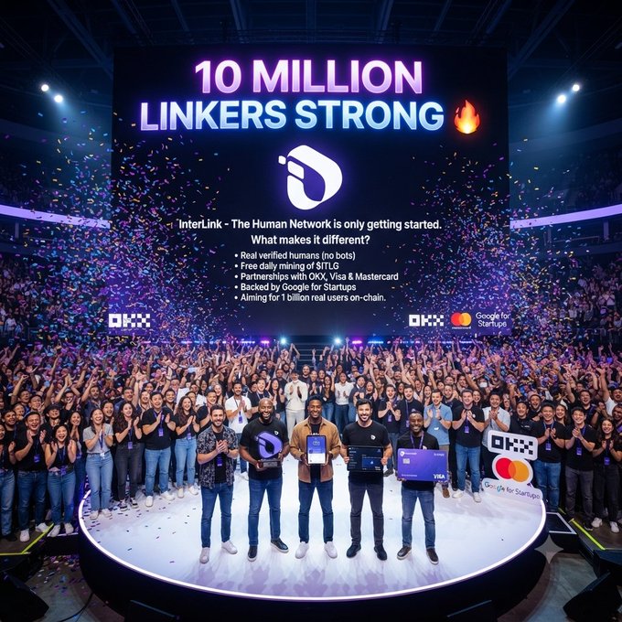 A large conference event celebrating "10 MILLION LINKERS STRONG" for InterLink, showing a crowd on stage with confetti and bullet points highlighting features like "Real verified humans (no bots)" and partnerships with OKX, Visa & Mastercard.