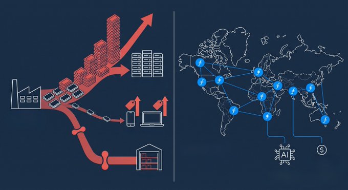The image is a split illustration: on the left, a rising red arrow graph depicting surging memory prices alongside icons of a factory, smartphones, and a laptop; on the right, a world map overlaid with interconnected "F" (Filecoin) nodes linking to "AI" and "$" symbols, representing decentralized storage networks.

The graphic visually reinforces the post's message by contrasting the **rising cost and demand** for traditional memory hardware (left) with **Filecoin's distributed storage solution** (right), which leverages existing global capacity to offset the supply crunch driving premium phone prices up $150–$200.