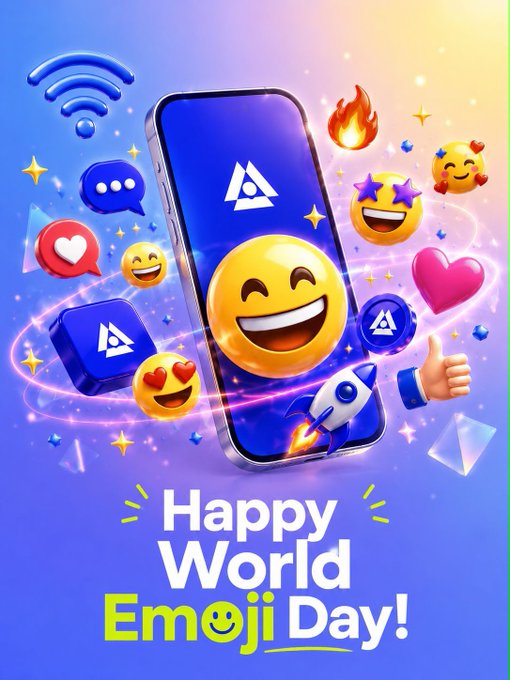 A vibrant smartphone displays an array of colorful emojis, including a starry-eyed smiley, hearts, a rocket, and a thumbs-up, with the text "Happy World Emoji Day!" prominently featured below. The image ties into the post by celebrating #WorldEmojiDay through its playful, emoji-filled design, aligning with Shardeum's message of recognition for the day.