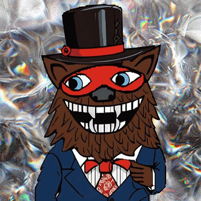 A cartoon illustration of a brown furry creature wearing a black top hat with a red band, a red domino mask, and a blue suit with a red bow tie and patterned tie, set against a glittery background.