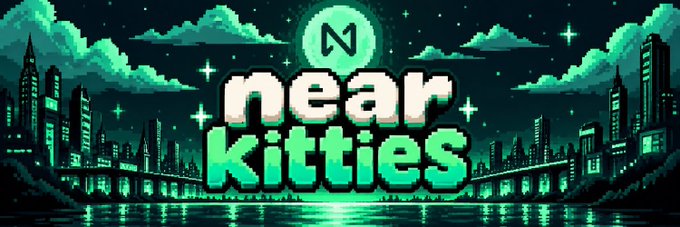 A pixel-art style banner featuring "near Kitties" text in green and white against a nighttime cityscape with bridges and water reflections. The image visually promotes the Near Kitties NFT project on the NEAR Protocol, matching the post's announcement of open whitelist applications for the collection.