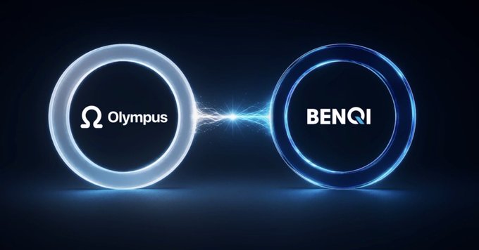 A graphic showing two glowing rings labeled "Olympus" and "BENQI" connected by an energy beam, representing a blockchain partnership or bridge.
