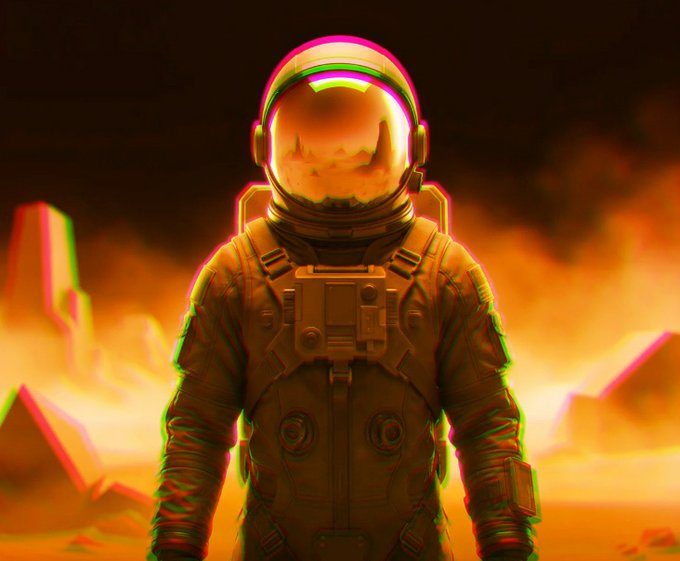 Digital artwork of an astronaut in a spacesuit with a glowing reflective helmet visor, set against a fiery orange and red apocalyptic background with a chromatic aberration glitch effect.