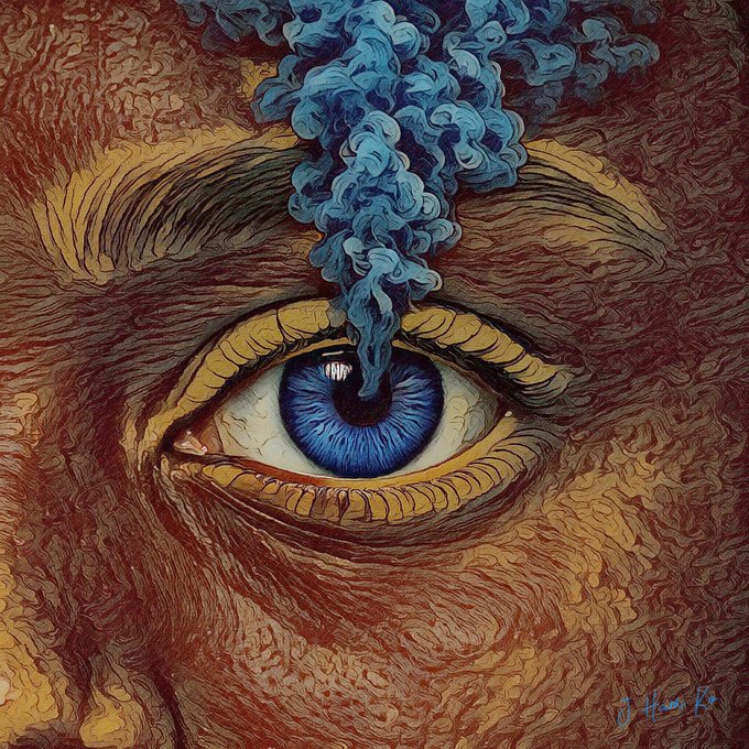 A vibrant, detailed illustration of a single blue eye surrounded by golden and reddish textured skin, with swirling blue smoke rising from the pupil, signed 'J Hen K'.
