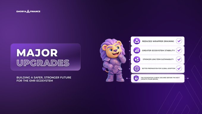 The image features a purple lion character standing next to a purple banner that reads "Major Upgrades". The lion appears to be wearing armor, suggesting that they are part of an upgrade for the EMR ecosystem. The text on the banner indicates that these upgrades will include hybrid Unlock Systems and new distribution methods for Lottery, AI Food Scan, and global expansion.