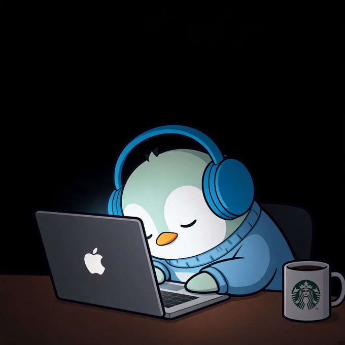 A cartoon penguin wearing blue headphones and a sweater, sleeping with its head on an Apple MacBook next to a Starbucks mug.