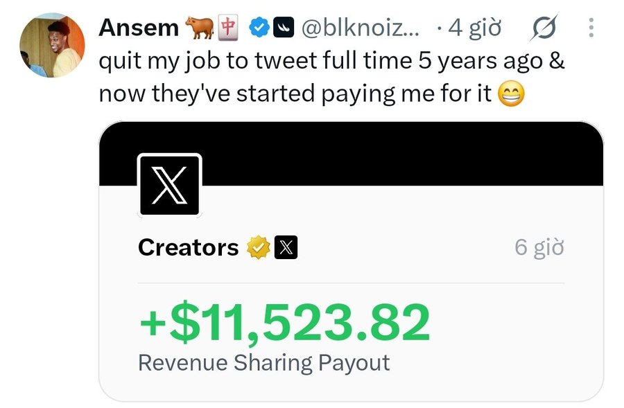 A tweet from user Anselm (@blknoiz...) celebrating quitting his job to tweet full-time 5 years ago, showing a Revenue Sharing Payout of +$11,523.82 from X Creators.