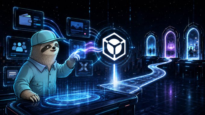 Digital artwork of a sloth wearing a cap and blue shirt interacting with futuristic holographic technology and cryptocurrency symbols.