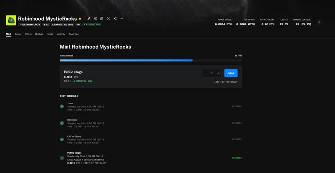 A dark-themed website interface for 'Robinhood MysticRocks' showing minting status, ETH pricing, and a list of mint schedules.