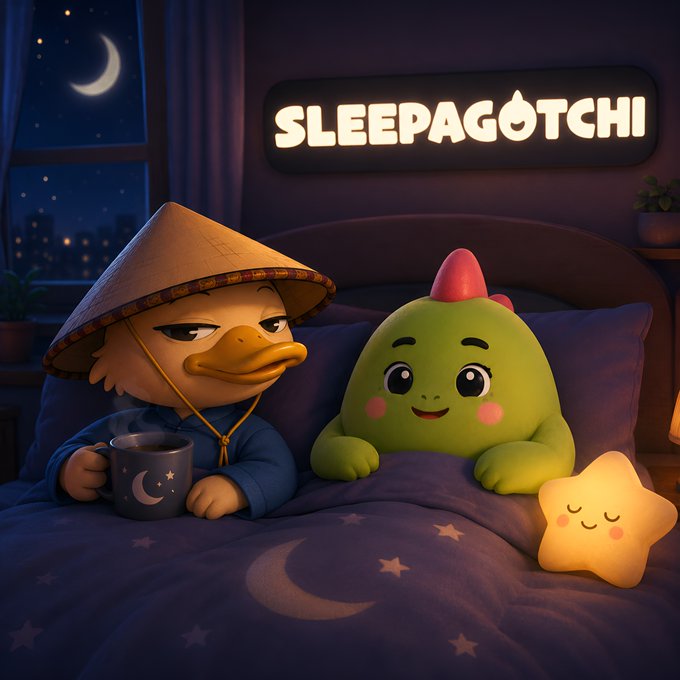 An illustrated nighttime scene shows a duck character in a conical hat holding a moon mug and a green creature sitting together in bed, with a 'SLEEPAGOTCHI' sign glowing above them and a star-shaped nightlight nearby.