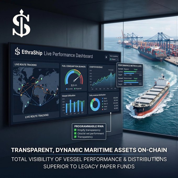 A promotional graphic for 'EthraShip' showing a Live Performance Dashboard with route tracking, fuel consumption, and revenue metrics, alongside a port scene and text stating 'TRANSPARENT, DYNAMIC MARITIME ASSETS ON-CHAIN'.