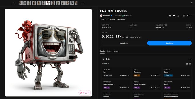 A NFT marketplace listing displays 'BRAINROT #5936' showing a robot character with a TV/monitor head, mechanical body, and a red devil on its shoulder, priced at 0.0222 ETH.