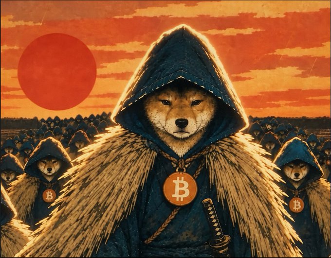 An AI-generated image of an army of Shiba Inu dogs dressed as samurai with hooded cloaks, each wearing a Bitcoin pendant, set against an orange sunset.