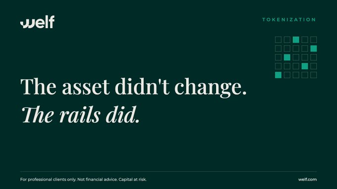 A minimalist dark green advertisement for 'welf' featuring the headline 'The asset didn't change. The rails did.' under the heading 'TOKENIZATION', with a disclaimer reading 'For professional clients only. Not financial advice. Capital at risk.' and the URL welf.com.