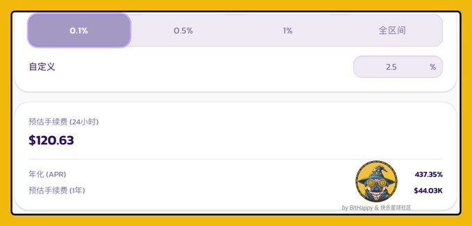 The image shows a DeFi liquidity pool calculator displaying a custom range of 25% with an estimated 24-hour fee of $120.63, an annual percentage rate (APR) of 437.35%, and a 1-year estimated fee of $44.03K for the QQQB/USDT pair by Bitget Happy and DeFi community, illustrating the high-yield opportunity referenced in the post about a friend's suggestion to pool QQQB/USDT LP with daily yields exceeding 1%.