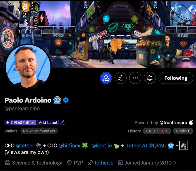 The image shows the X (Twitter) profile of Paolo Ardoino (@paoloardino), CEO of Tether, featuring a cyberpunk-style banner with a tiger mascot at a futuristic market stall, which complements the post's claim about Tether's growing stake in Juventus and the connection to the $JAY token associated with the club's zebra mascot Jay.