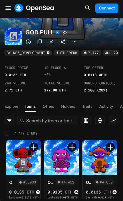 OpenSea NFT collection page titled 'GOD PULL' by DFZ_DEVELOPMENT on Ethereum, showing a floor price of 0.0135 WETH and 7,777 items.