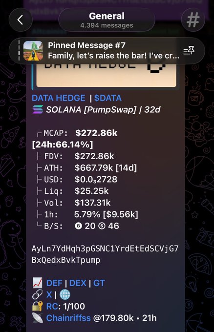 A Telegram message showing token statistics for '$DATA' (DATA HEDGE) on Solana via PumpSwap, with market cap $272.86k and a pinned message reading 'Family, let's raise the bar!'.