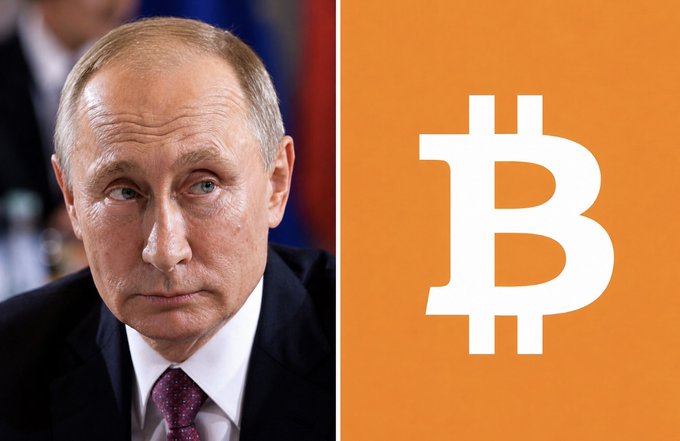 An image split into two halves shows Russian President Vladimir Putin alongside the Bitcoin logo. This visually connects Russia's potential adoption of cryptocurrency for cross-border trade, as indicated by the accompanying post.