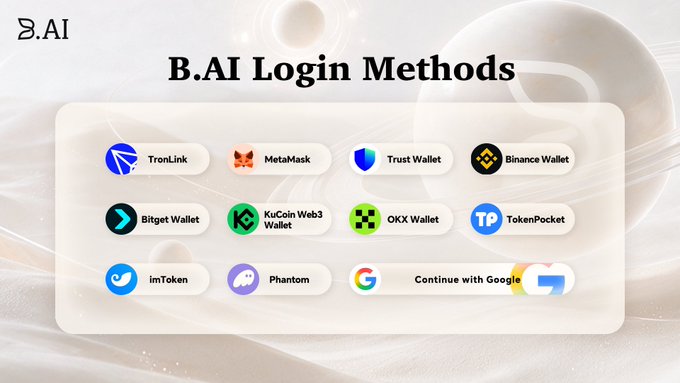 A screenshot of 'B.AI Login Methods' displaying various cryptocurrency wallet options including TronLink, MetaMask, Trust Wallet, Binance Wallet, Bitget Wallet, KuCoin Web3 Wallet, OKX Wallet, TokenPocket, imToken, Phantom, and Continue with Google.