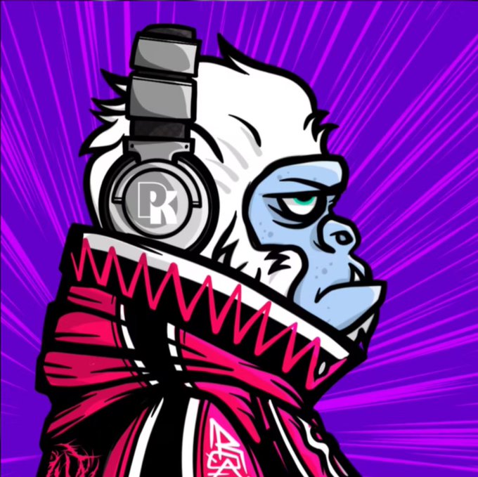 A stylized digital illustration of a white gorilla with blue skin wearing large headphones with an 'R' logo and a pink jacket, set against a purple background with speed lines.