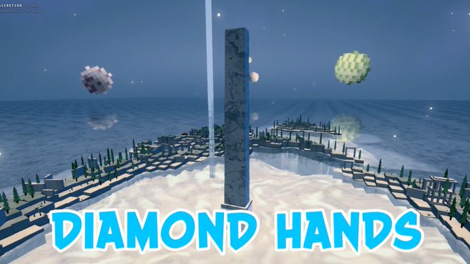 A pixelated Minecraft-style landscape features a tall obelisk under a starry sky with the text 'DIAMOND HANDS' prominently displayed across the bottom.