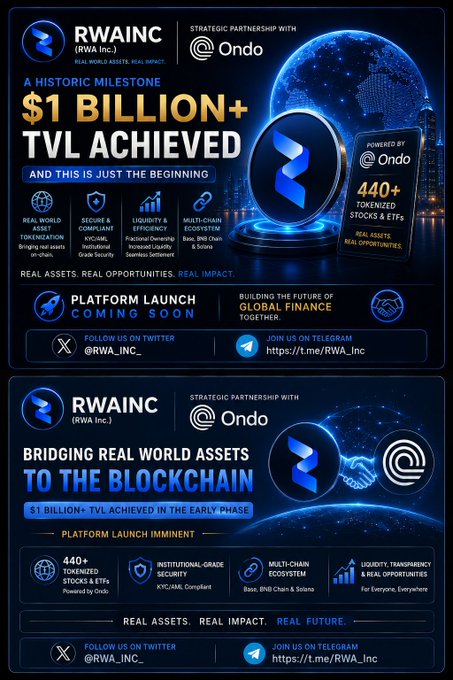 RWA Inc promotional graphics announcing a strategic partnership with Ondo and achieving $1 BILLION+ TVL, featuring 440+ tokenized stocks & ETFs powered by Ondo, with calls to follow @RWA_INC_ on Twitter and Telegram.