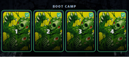 The image shows a "BOOT CAMP" screen displaying four zombie-like creatures numbered 1-4 with green checkmarks, likely representing a tutorial or selection stage in the Death Touch digital trading card game by Deadfellaz, which the poster is trying out for the first time in years.