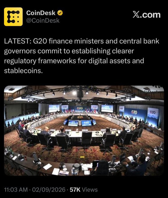 A CoinDesk post on X.com reports that G20 finance ministers and central bank governors have committed to establishing clearer regulatory frameworks for digital assets and stablecoins, accompanied by a photo of a G20 roundtable meeting. This relates to the delayed structural crypto bill by suggesting that international coordination among major economies may be contributing to the holdup, as policymakers likely want to align domestic legislation with emerging global standards before moving forward.