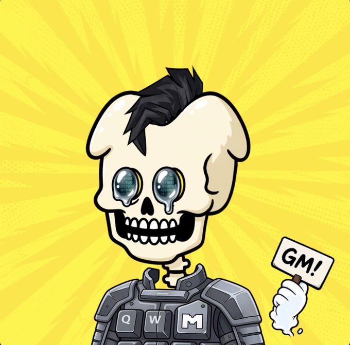 Cartoon illustration of a crying skull character with mohawk holding a 'GM!' sign against a yellow sunburst background.