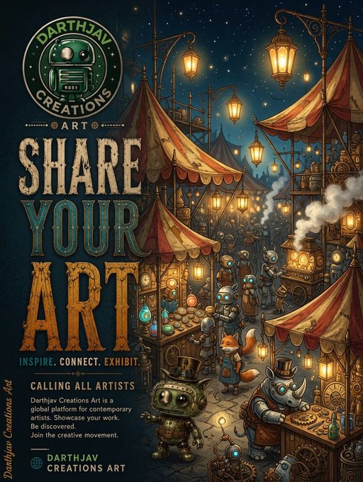A promotional poster by Darthjav Creations Art titled "SHARE YOUR ART" with the tagline "INSPIRE. CONNECT. EXHIBIT." showing a steampunk-style market scene with animal characters.